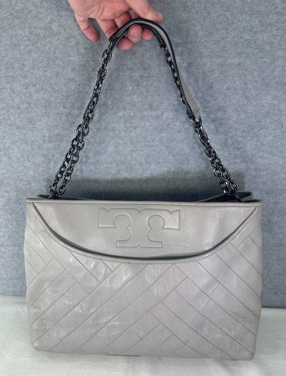 Tory Burch Alexa Quilted Slouchy Soft Leather Tote Purse Grey Pewter Chain